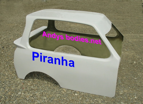 Piranha  fibreglass stock car body, pre undercoated, lightweight construction, manufactured by Fibre-Form (NZ) Ltd for Andy's Bodies