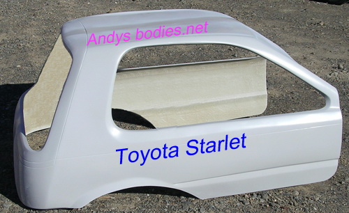 Toyota Starlet fibreglass stock car body, pre undercoated, lightweight construction, manufactured by Fibre-Form (NZ) Ltd for Andy's Bodies