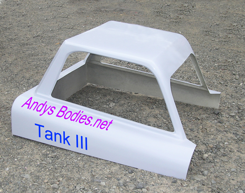 Tank III  fibreglass stock car body, pre undercoated, lightweight construction, manufactured by Fibre-Form (NZ) Ltd for Andy's Bodies