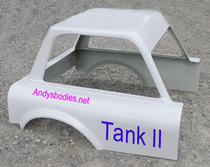 Tank II  fibreglass stock car body, low sides, pre undercoated, lightweight construction, manufactured by Fibre-Form (NZ) Ltd for Andy's Bodies